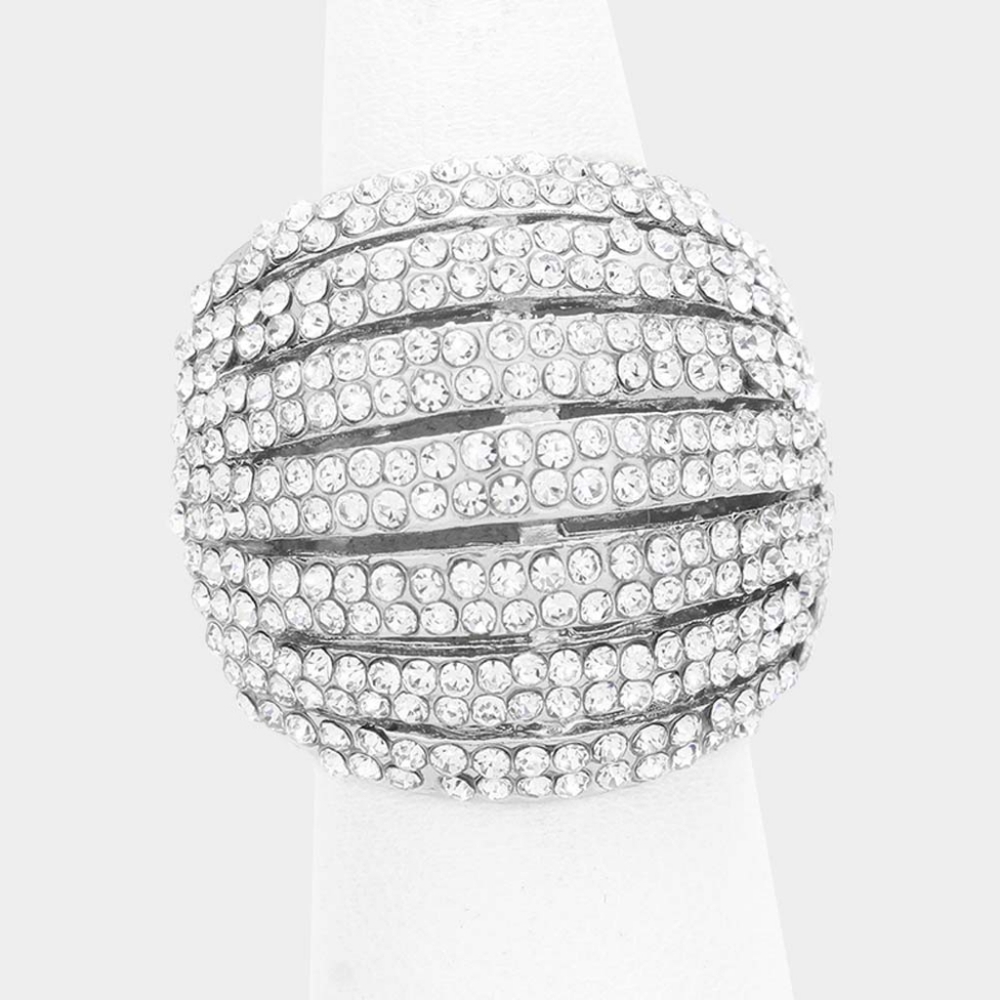 Silver Rhinestone Crystal Stretch Fashion Ring Dome Fashion Cocktail Jewelry